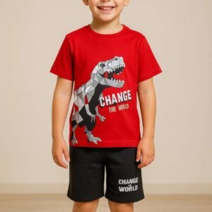 Boys Cotton T-Shirt With Shorts Set (Red)