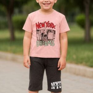Boys Cotton T-Shirt With Capri Set (Pink)